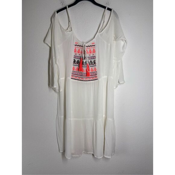 NWT Exist Women’s Bohemian Embroidered Mini Sheer White Dress Size S Tussles - Picture 1 of 15